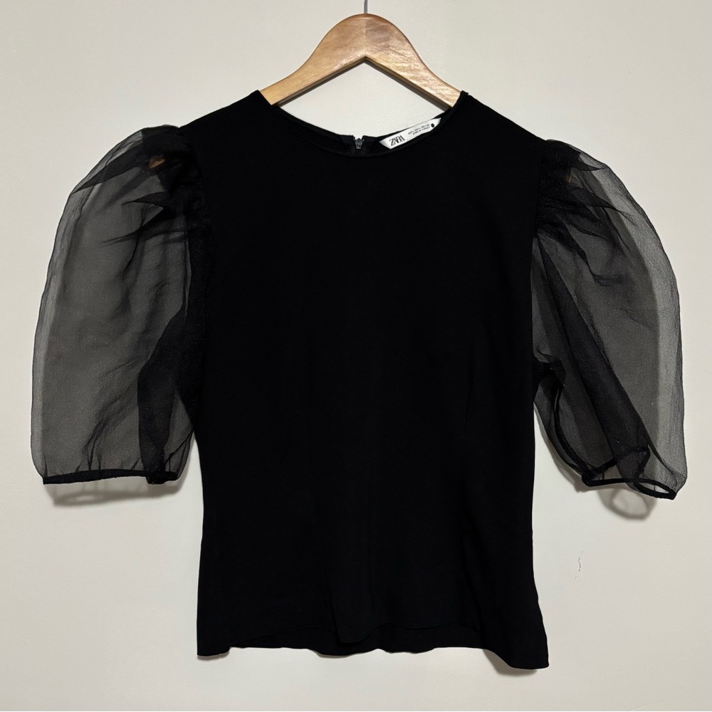 Zara Black Sheer Puff Sleeve Blouse | Womens Sz L